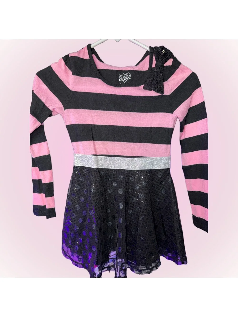 Girls Size 7 Pink & Black Long Sleeve Dress with Sequin Bow | Sparkly Skirt